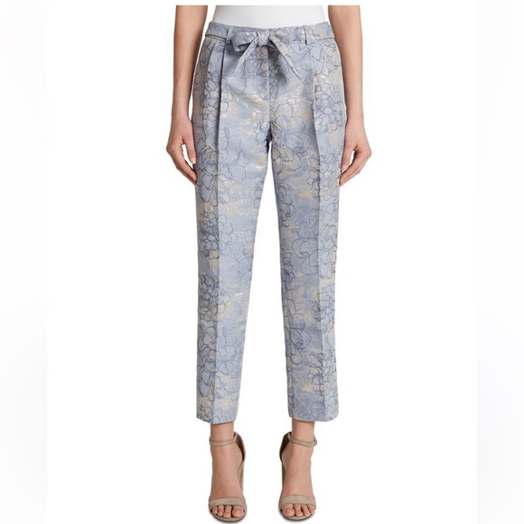 TAHARI Jacquard Pleated Metallic Floral Formal Trouser Pants With Belt - Size 10 - Picture 1 of 4